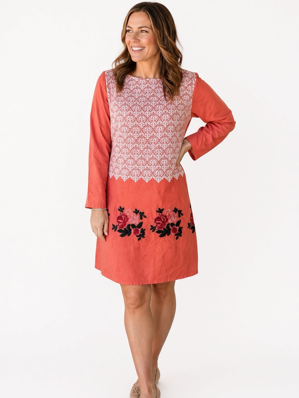 Provogue Coral Dress White Lace Yoke Embroidered Roses Floral Boho